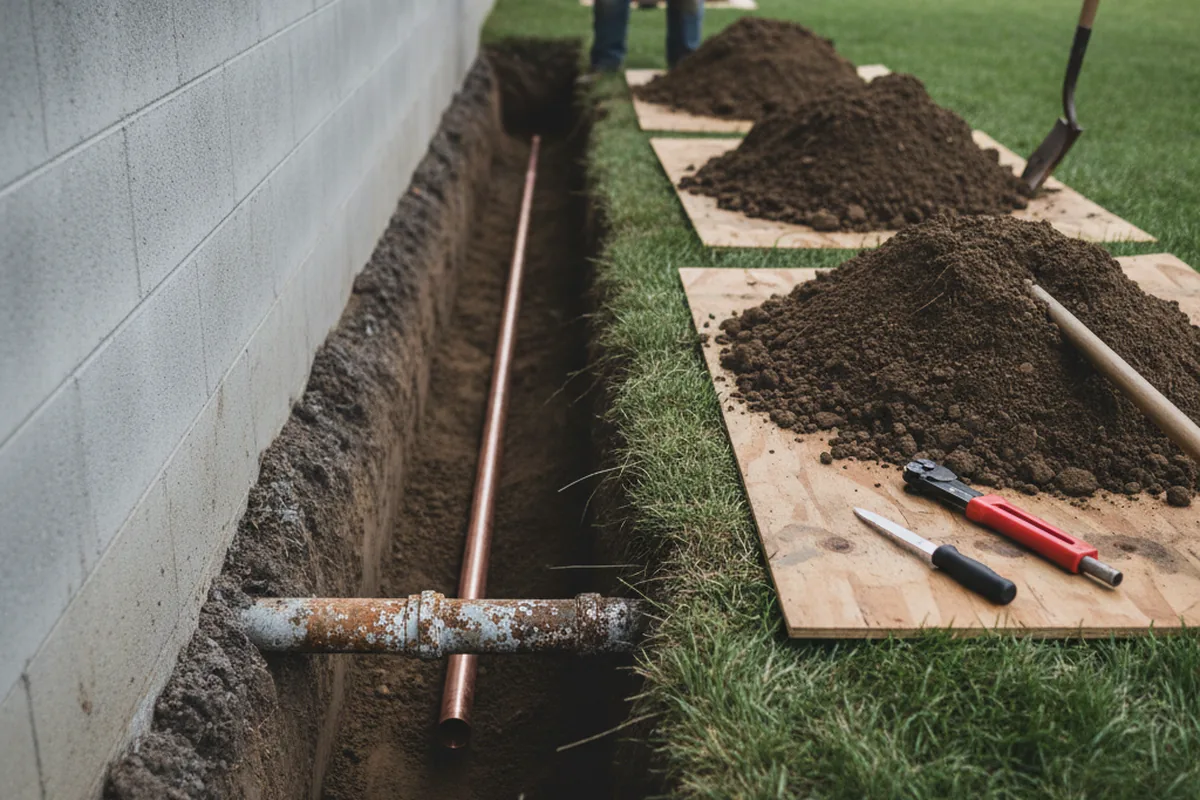Excavated water line trench during Sewer Line Repair in Riverhead